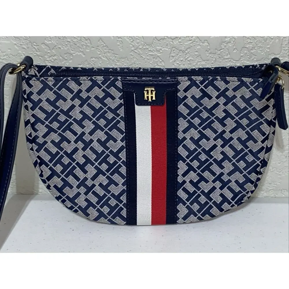 Tommy Hilfiger Crossbody Purse Bag Monogram Logo Blue Red White Stripe Canvas